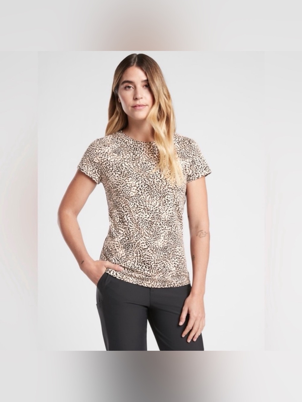 Athleta Organic Daily Printed Short Sleeve Tee – Cheetah Print | Size Medium